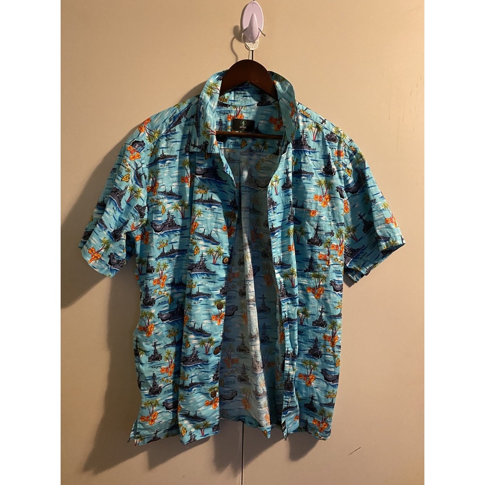 Arido US Navy Battleship Hawaiian Shirt Mens L Pearl Harbor Military WW2 Aloha